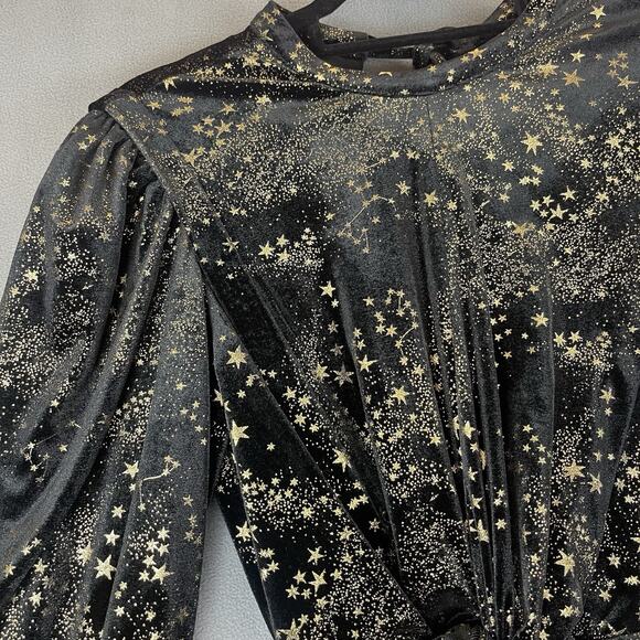 All Saints Jemima Star Dress Black Velvet Metallic Gold Printed Faux Wrap Size 4 - Picture 4 of 16